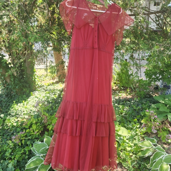 April Cornell Red Tiered Midi Dress with Peter Pan Collar - Picture 2 of 6